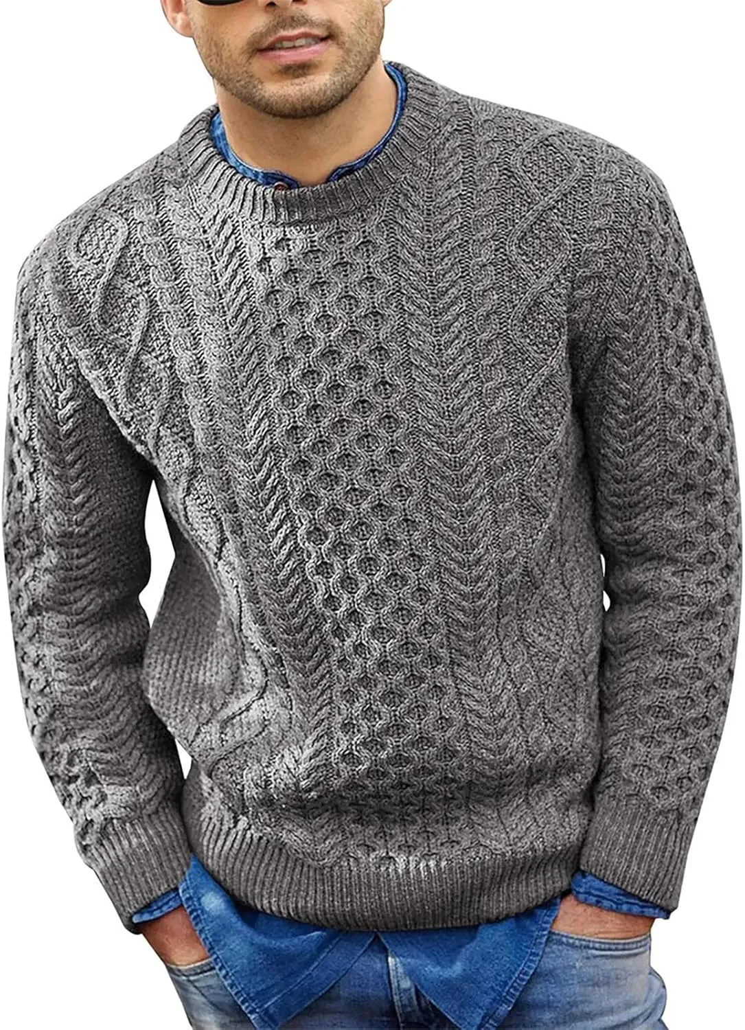Mens Crewneck Pullover Sweater Soft Casual Waffle Textured Long Sleeve Knitted Sweaters with Ribbing Edge