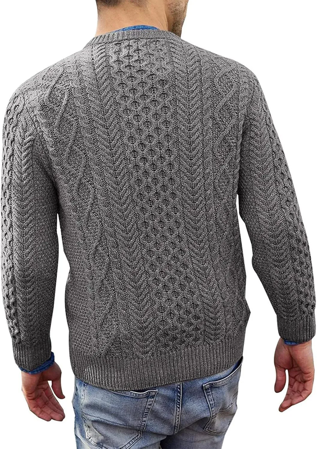 Mens Crewneck Pullover Sweater Soft Casual Waffle Textured Long Sleeve Knitted Sweaters with Ribbing Edge
