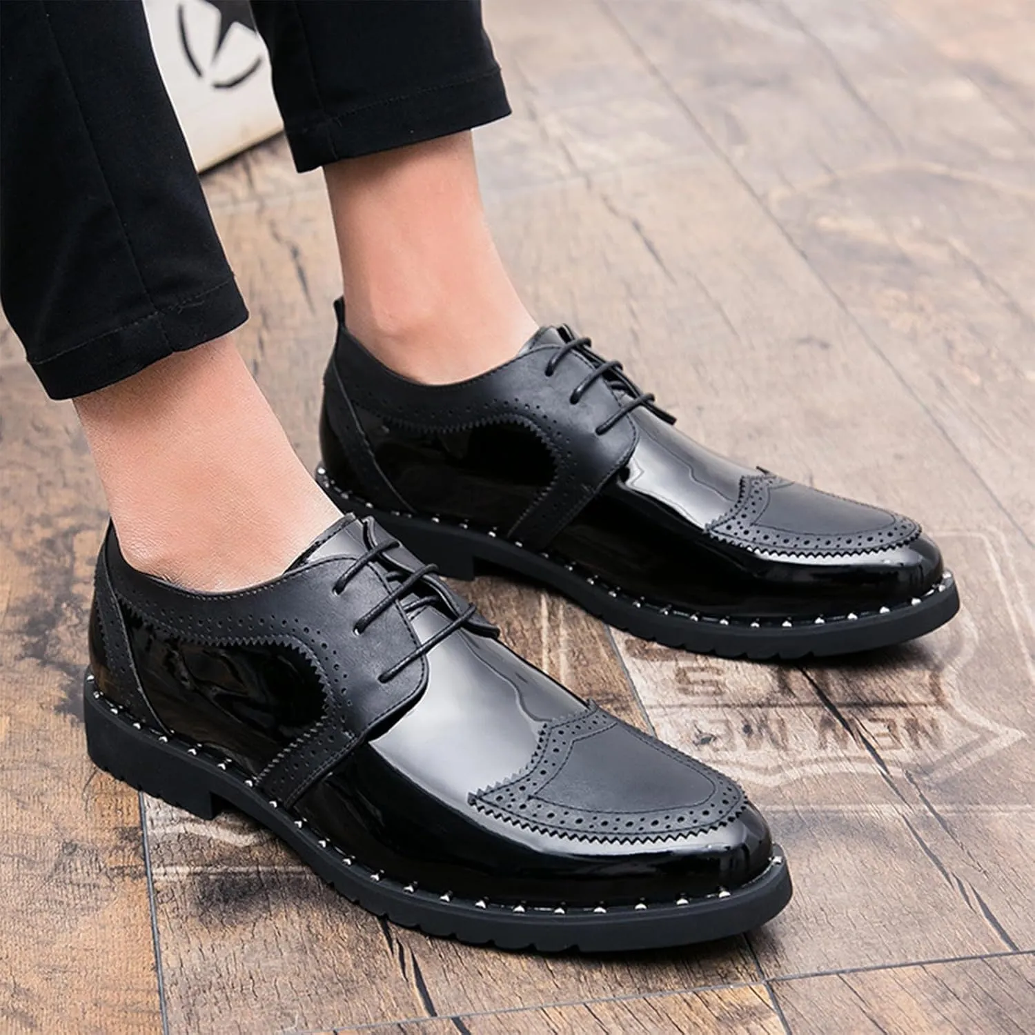 Men's Patent Leather Lace Up Dress Oxford Shoes Fashion Splicing Comfort Non Slip Soft Business Shoe Casual Work Outdoor Brogue Oxfords