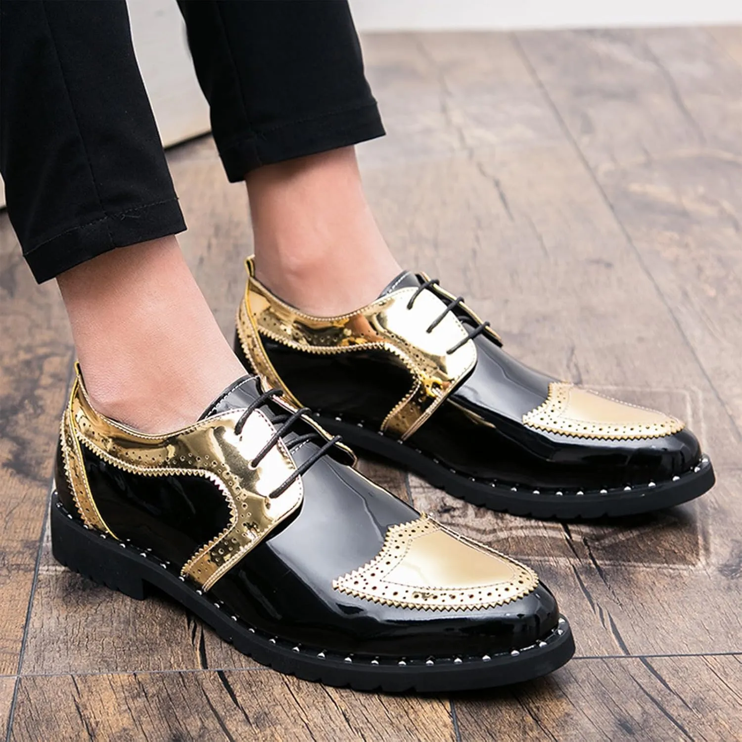 Men's Patent Leather Lace Up Dress Oxford Shoes Fashion Splicing Comfort Non Slip Soft Business Shoe Casual Work Outdoor Brogue Oxfords