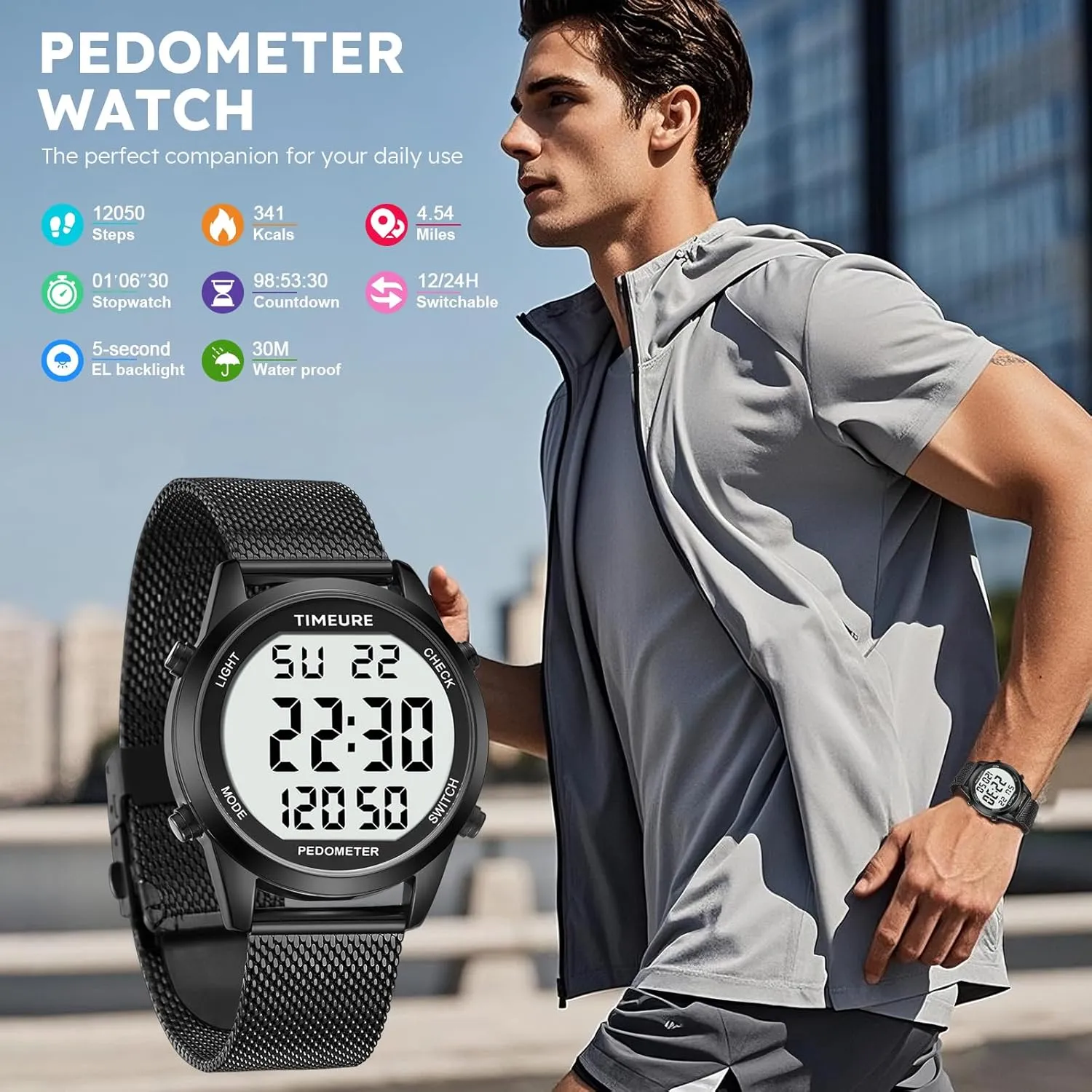Men's Pedometer Watch with Stainless Steel Bracelet,Step Counter Watch No App, No Charging Needed for Ourdoor Walking, Calorie, Distance, Alarm, Countdown Timer Watch TU-2306B TIMEURE