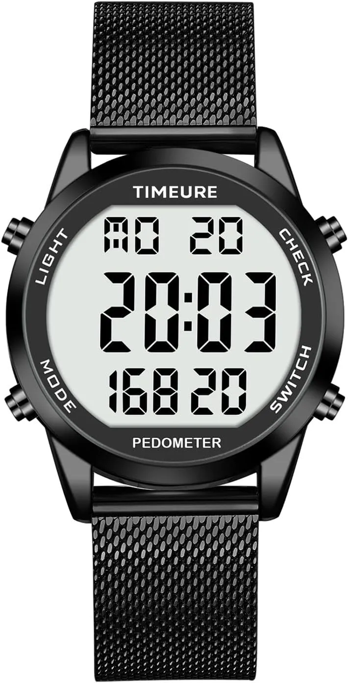 Men's Pedometer Watch with Stainless Steel Bracelet,Step Counter Watch No App, No Charging Needed for Ourdoor Walking, Calorie, Distance, Alarm, Countdown Timer Watch TU-2306B TIMEURE