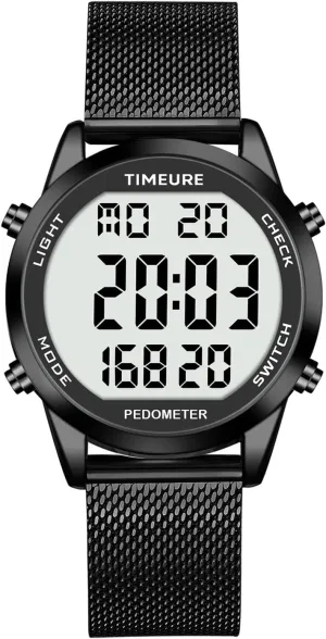 Men's Pedometer Watch with Stainless Steel Bracelet,Step Counter Watch No App, No Charging Needed for Ourdoor Walking, Calorie, Distance, Alarm, Countdown Timer Watch TU-2306B TIMEURE
