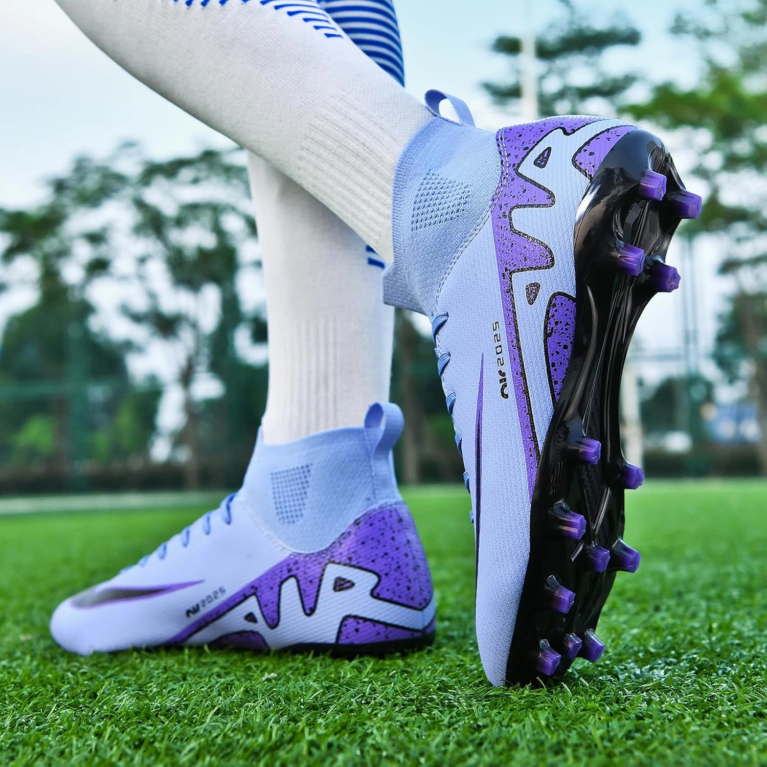 Mens High-Top Soccer Cleats Womens Turf Football Shoes Boys Girls Lightweight Youth Professional Indoor Outdoor AG Black Purple Pink