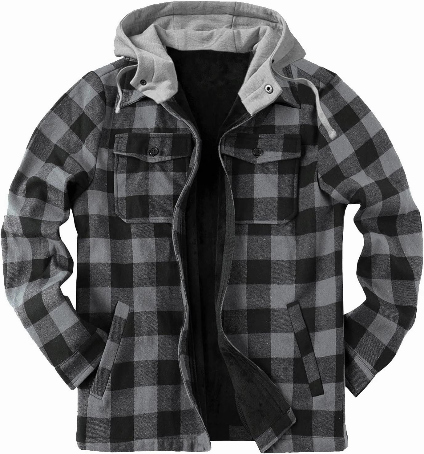 Mens Sweatshirt Winter Fashion Casual Plaid Pocket Hooded Zipper Buckle Composite Coat Jacket Thick Coat Weighted