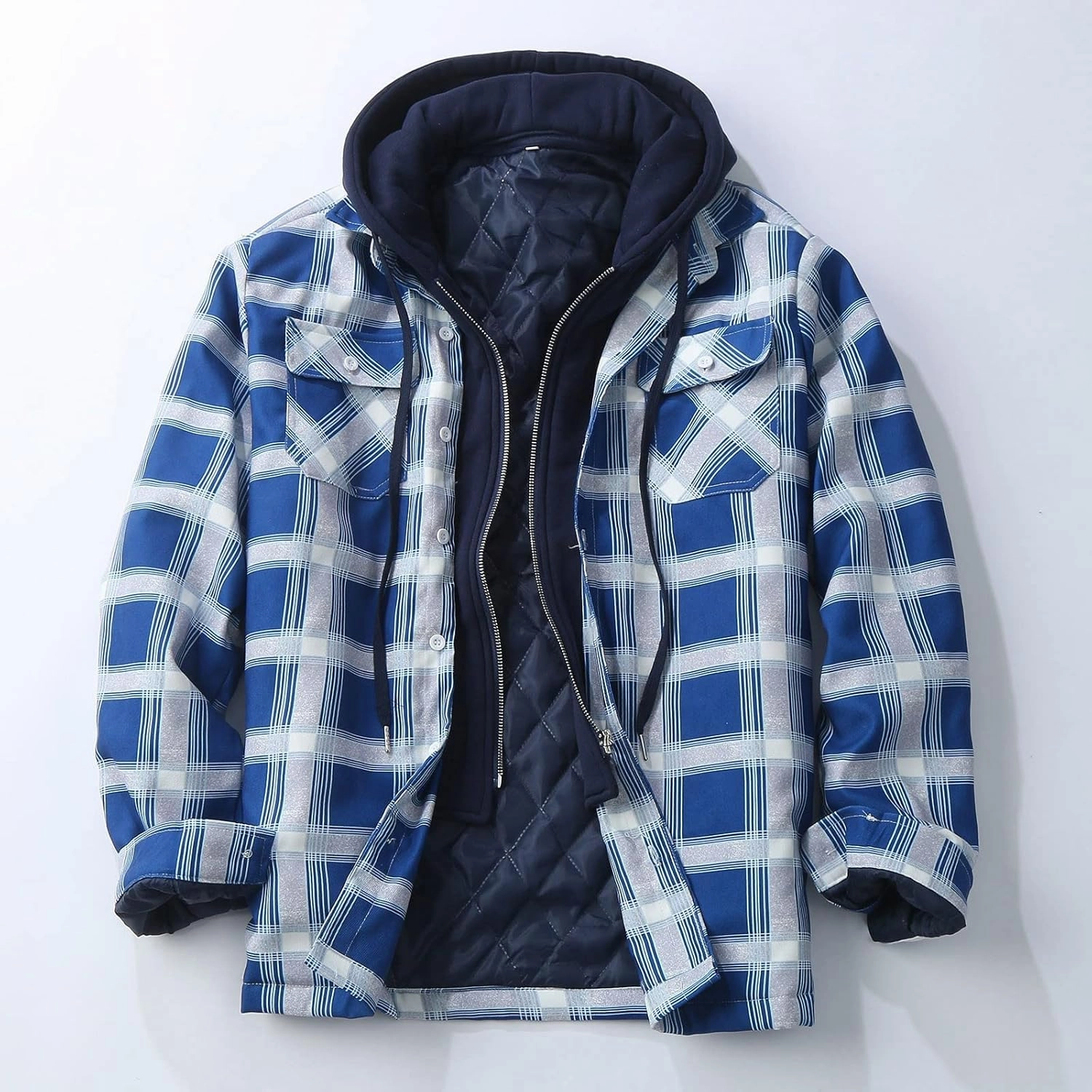 Mens Sweatshirt Winter Fashion Casual Plaid Pocket Hooded Zipper Buckle Composite Coat Jacket Thick Coat Weighted