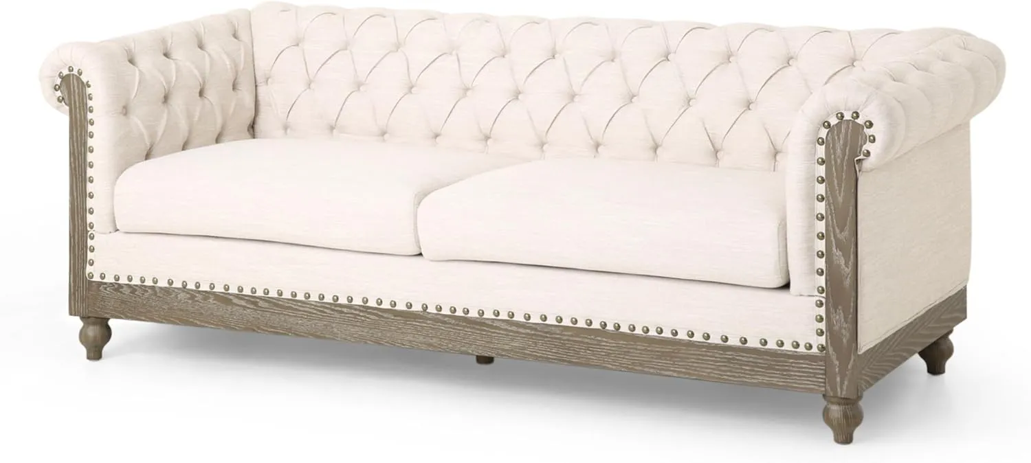 Merax Chesterfield Sofa, Retro Style Upholstered 3 Seater Rolled Arm Couch for Living Room Bedroom Office, Beige