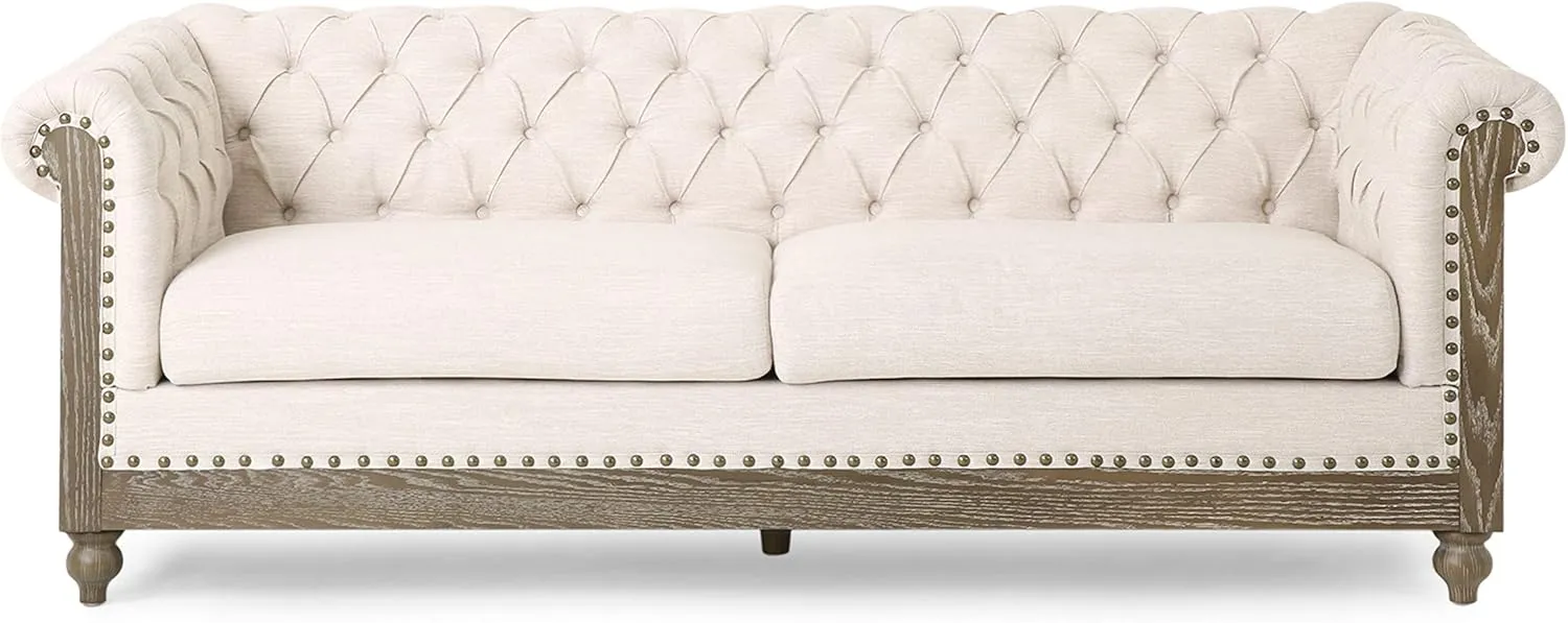 Merax Chesterfield Sofa, Retro Style Upholstered 3 Seater Rolled Arm Couch for Living Room Bedroom Office, Beige