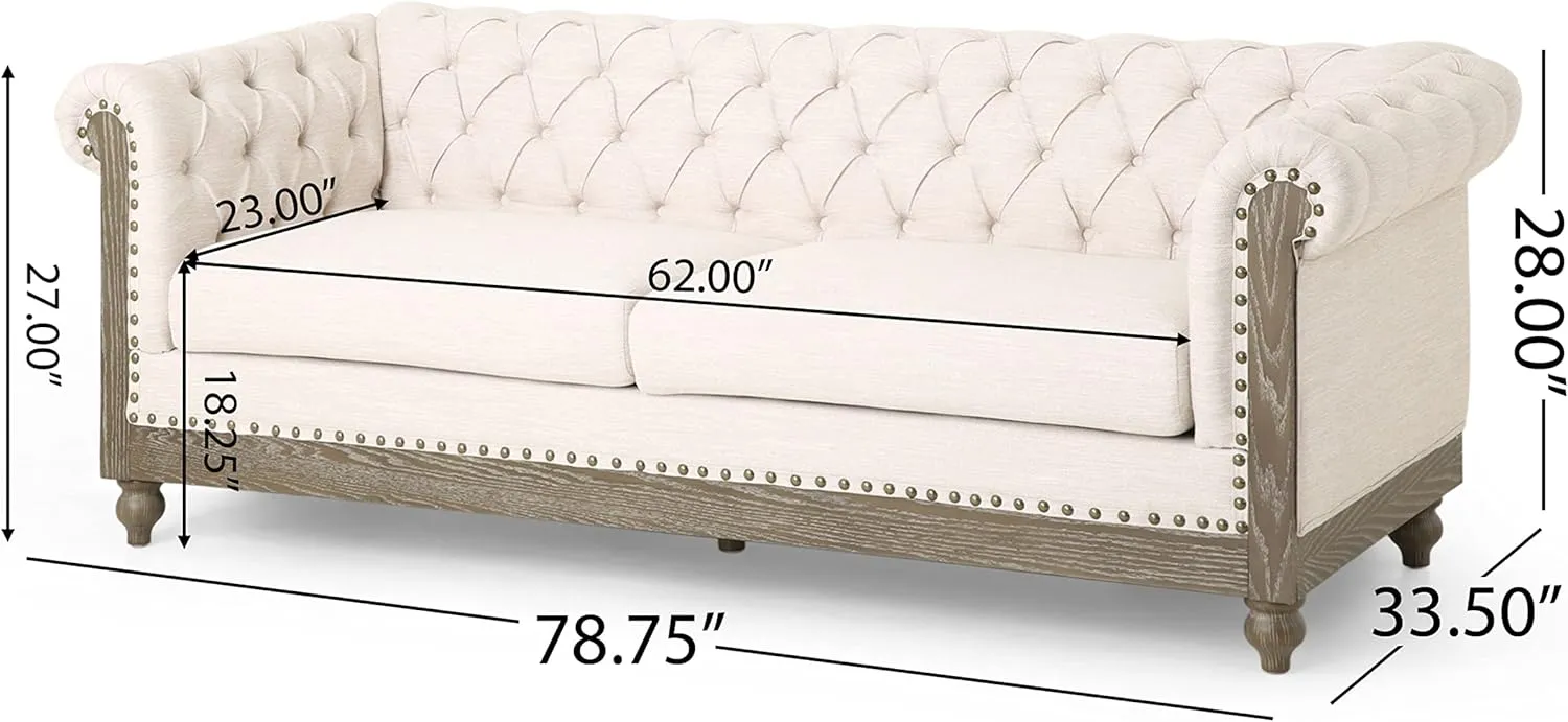 Merax Chesterfield Sofa, Retro Style Upholstered 3 Seater Rolled Arm Couch for Living Room Bedroom Office, Beige
