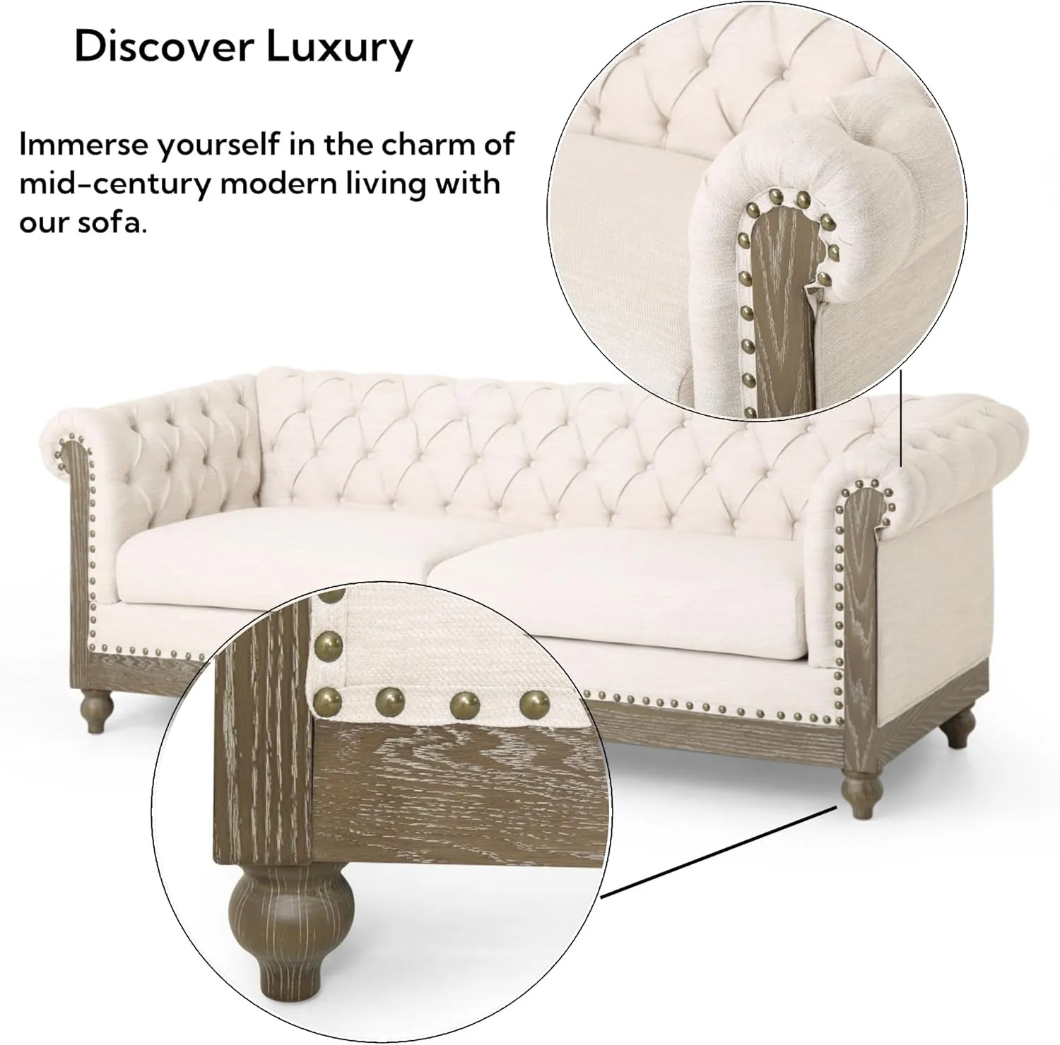 Merax Chesterfield Sofa, Retro Style Upholstered 3 Seater Rolled Arm Couch for Living Room Bedroom Office, Beige