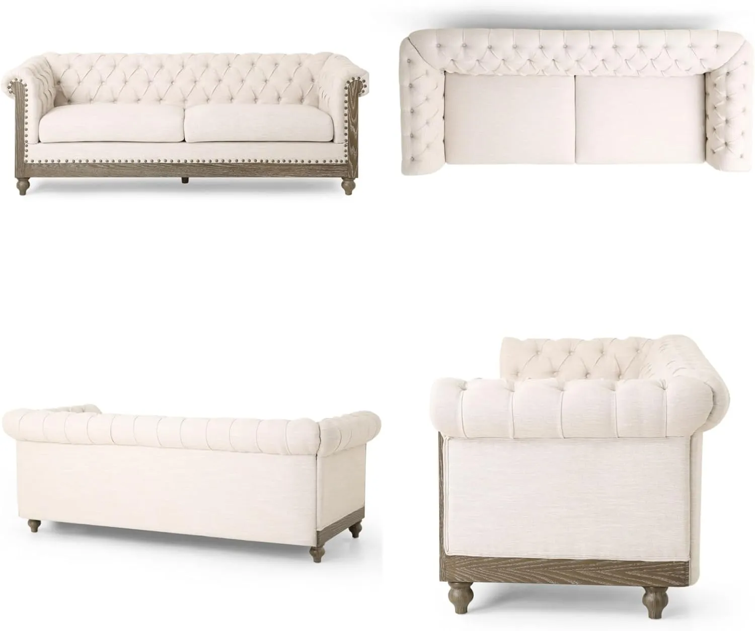 Merax Chesterfield Sofa, Retro Style Upholstered 3 Seater Rolled Arm Couch for Living Room Bedroom Office, Beige