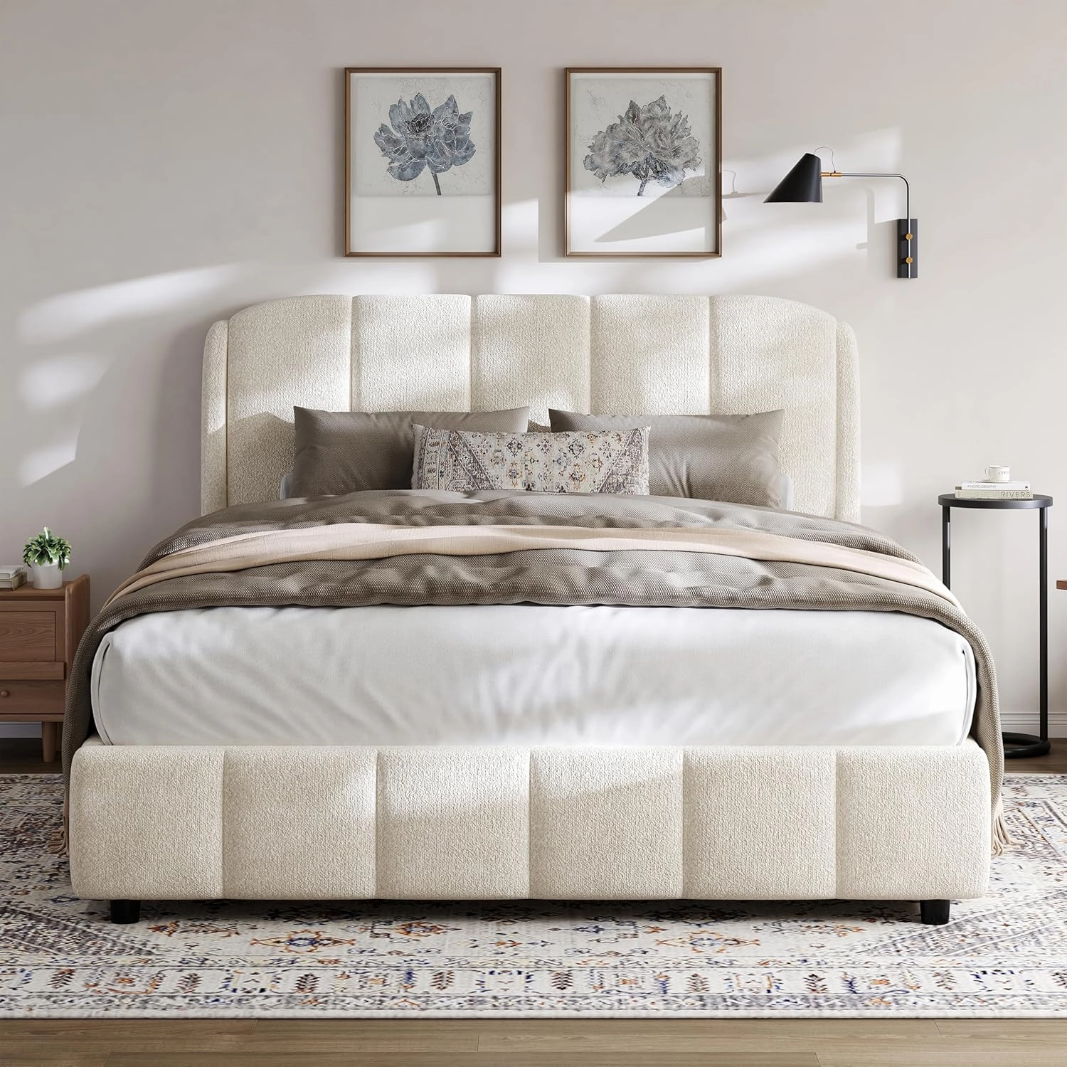 Merax Queen Size Platform Bed, with Boucle Fabric, Soft Boucle Upholstered with Curve-Shaped Design Headboard, for Bedroom Small Apartment, Beige