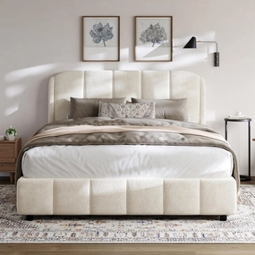 Merax Queen Size Platform Bed, with Boucle Fabric, Soft Boucle Upholstered with Curve-Shaped Design Headboard, for Bedroom Small Apartment, Beige