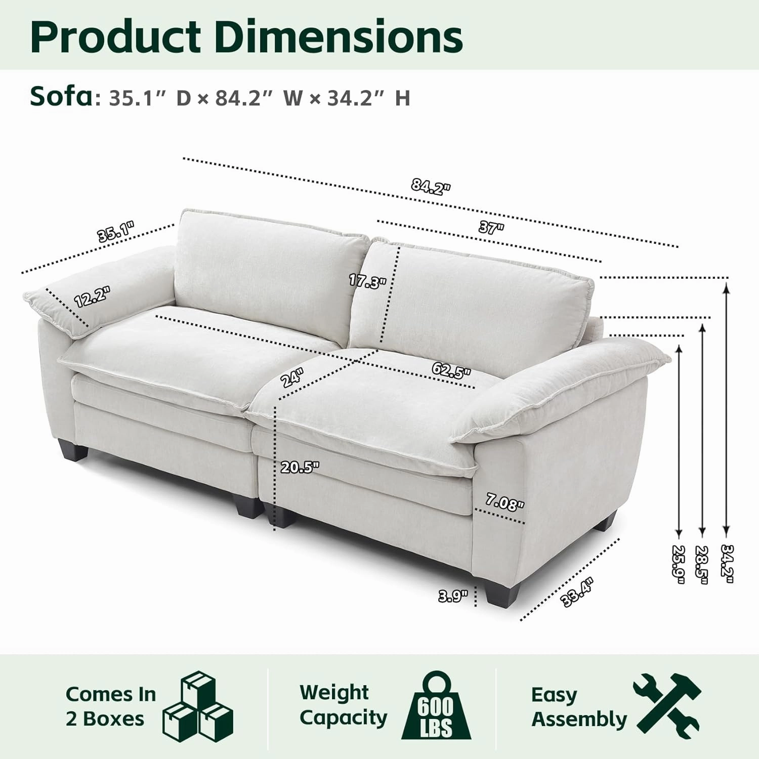 mestyl Modular Loveseat Sectional Sofa Comfy Cloud Couch, 2 Deep Seat Sofa Couch, 84" Soft Love Seat Modern Couches Set for Living Room, Bedroom, Chenille, Beige White, MT001