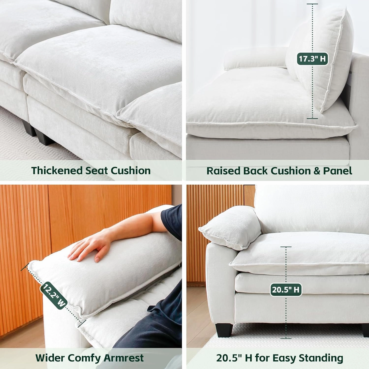 mestyl Modular Loveseat Sectional Sofa Comfy Cloud Couch, 2 Deep Seat Sofa Couch, 84" Soft Love Seat Modern Couches Set for Living Room, Bedroom, Chenille, Beige White, MT001