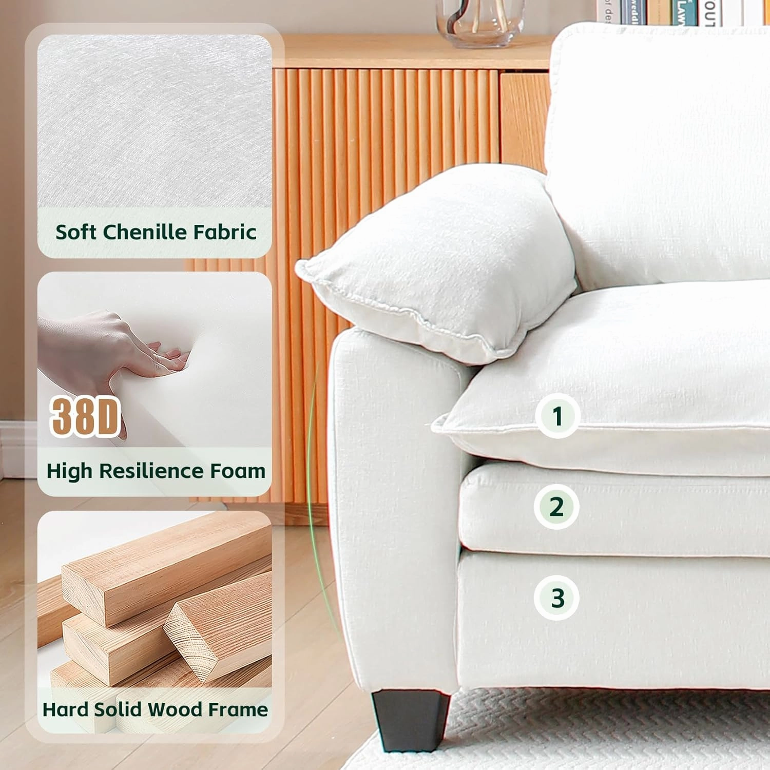 mestyl Modular Loveseat Sectional Sofa Comfy Cloud Couch, 2 Deep Seat Sofa Couch, 84" Soft Love Seat Modern Couches Set for Living Room, Bedroom, Chenille, Beige White, MT001