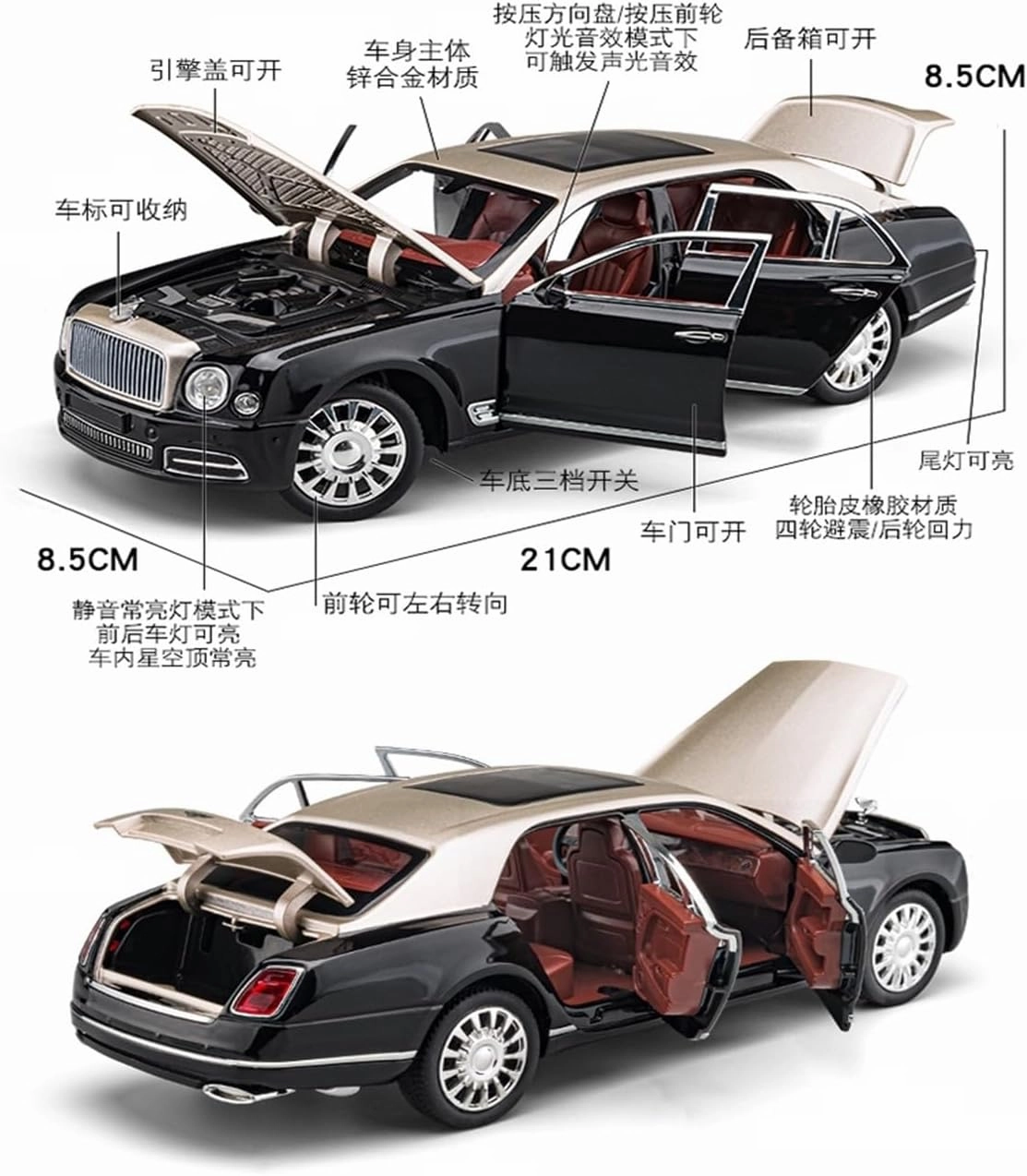 Metal Die Cast Toy Cars 1:24 for Bentley Mulsanne Alloy Commercial Vehicle Model Ornaments Simulation Large Toy for Home Or Office Décor(Black)