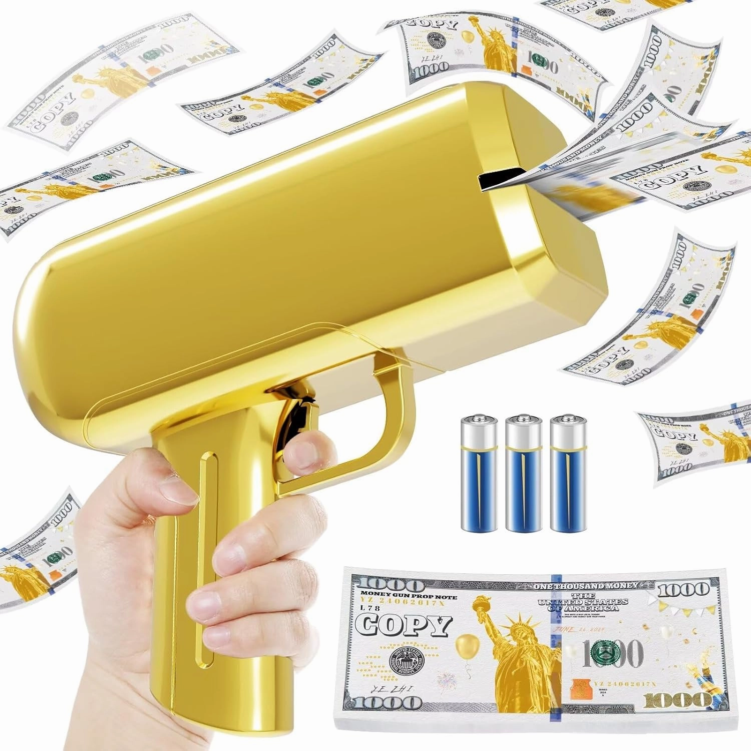 Metallic Gold Money Gun Shooter and 101 PCS Props (No Real Function) 3 AA Batteries, Money Gun That Shoot Money, Make It Rain Money Thrower Gun Handheld Fake Gun Toy Party Supplies