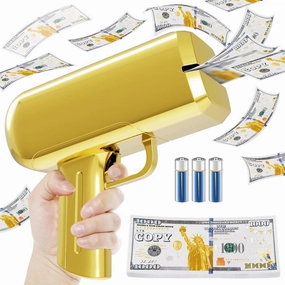 Metallic Gold Money Gun Shooter and 101 PCS Props (No Real Function) 3 AA Batteries, Money Gun That Shoot Money, Make It Rain Money Thrower Gun Handheld Fake Gun Toy Party Supplies