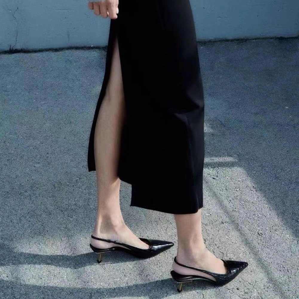 Metallic Silver Slingback Pumps for Women Kitten Heel Closed Pointed Toe Sling Back Heels Evening Pumps