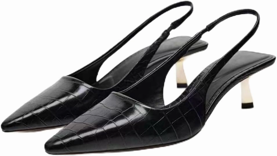 Metallic Silver Slingback Pumps for Women Kitten Heel Closed Pointed Toe Sling Back Heels Evening Pumps
