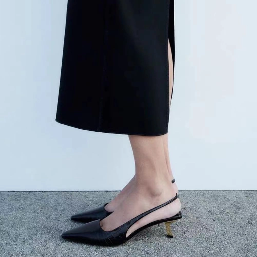 Metallic Silver Slingback Pumps for Women Kitten Heel Closed Pointed Toe Sling Back Heels Evening Pumps