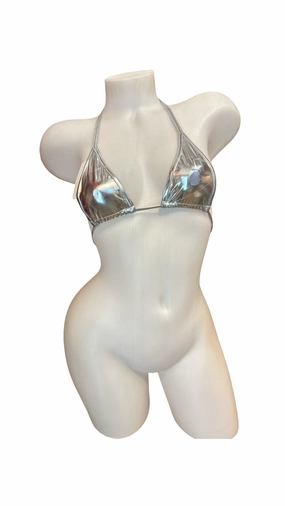 Metallic Tie Triangle Bikini Top - Silver