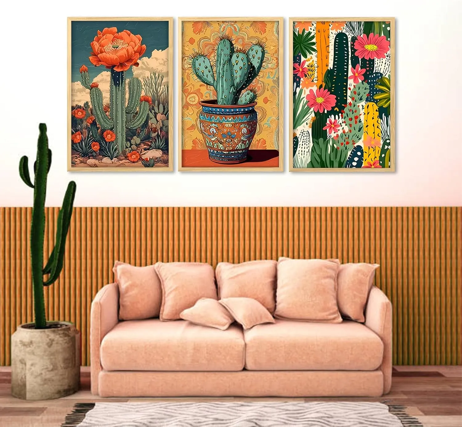 Mexican Cactus Floral Wall Art Set of 3, Boho Southwest Succulent Wall Art Decor, Tropical Botanical Cactus Desert Art Painting Picture for Bathroom, Living Room, Bedroom (L16''×W24'')