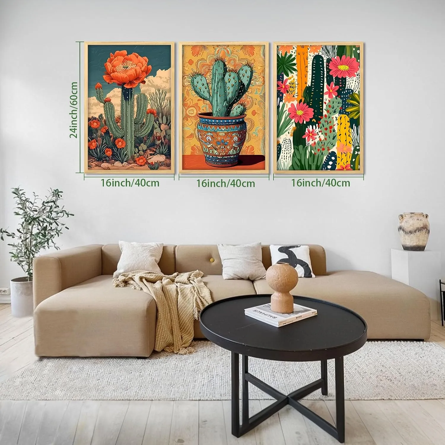 Mexican Cactus Floral Wall Art Set of 3, Boho Southwest Succulent Wall Art Decor, Tropical Botanical Cactus Desert Art Painting Picture for Bathroom, Living Room, Bedroom (L16''×W24'')
