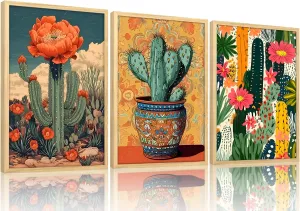 Mexican Cactus Floral Wall Art Set of 3, Boho Southwest Succulent Wall Art Decor, Tropical Botanical Cactus Desert Art Painting Picture for Bathroom, Living Room, Bedroom (L16''×W24'')