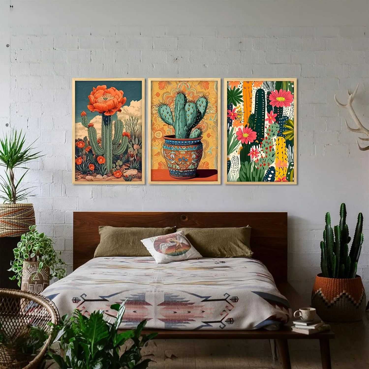 Mexican Cactus Floral Wall Art Set of 3, Boho Southwest Succulent Wall Art Decor, Tropical Botanical Cactus Desert Art Painting Picture for Bathroom, Living Room, Bedroom (L16''×W24'')