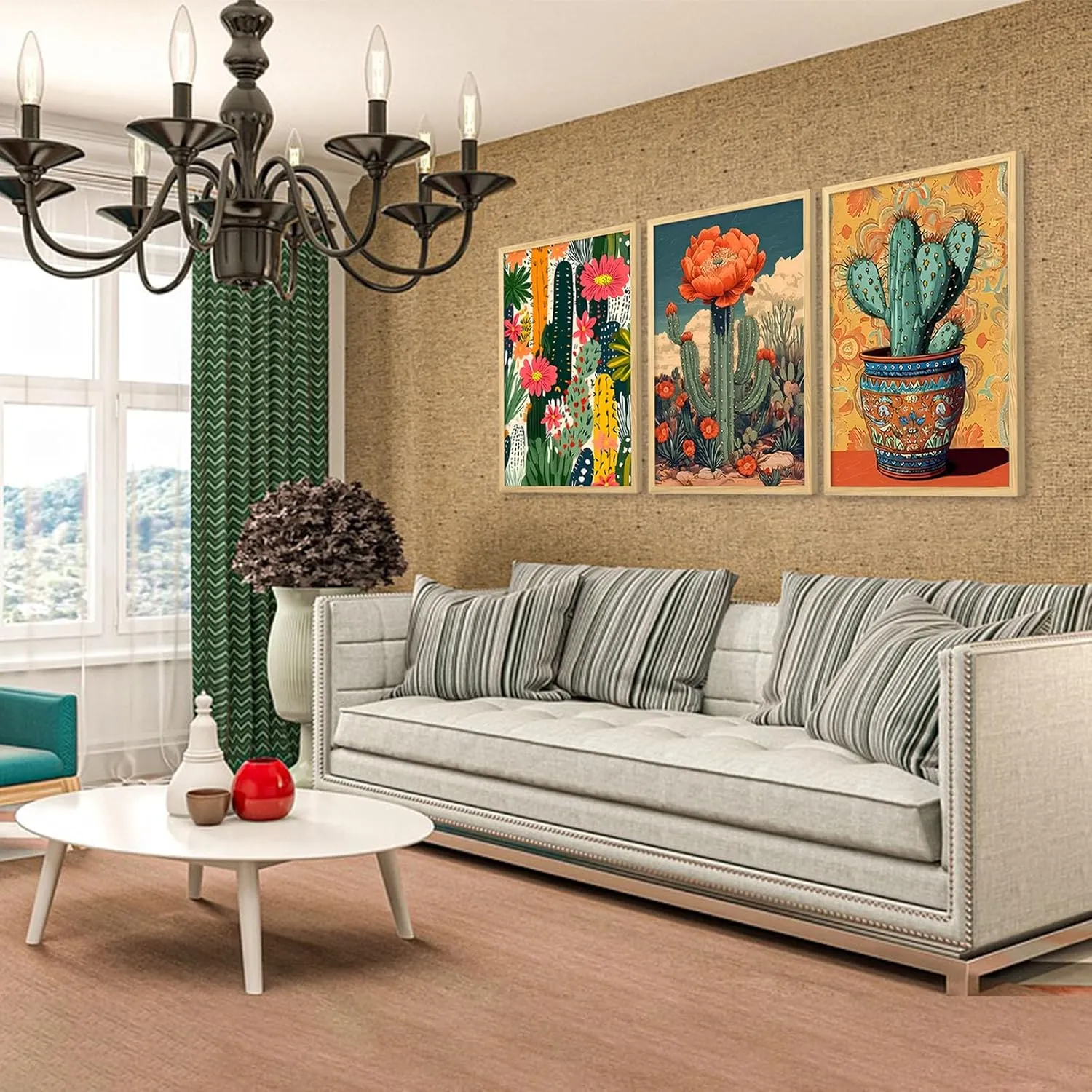 Mexican Cactus Floral Wall Art Set of 3, Boho Southwest Succulent Wall Art Decor, Tropical Botanical Cactus Desert Art Painting Picture for Bathroom, Living Room, Bedroom (L16''×W24'')