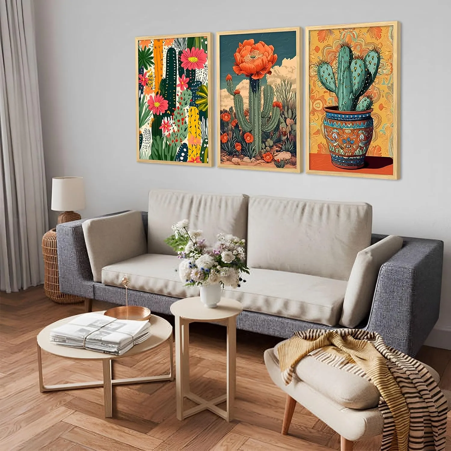 Mexican Cactus Floral Wall Art Set of 3, Boho Southwest Succulent Wall Art Decor, Tropical Botanical Cactus Desert Art Painting Picture for Bathroom, Living Room, Bedroom (L16''×W24'')