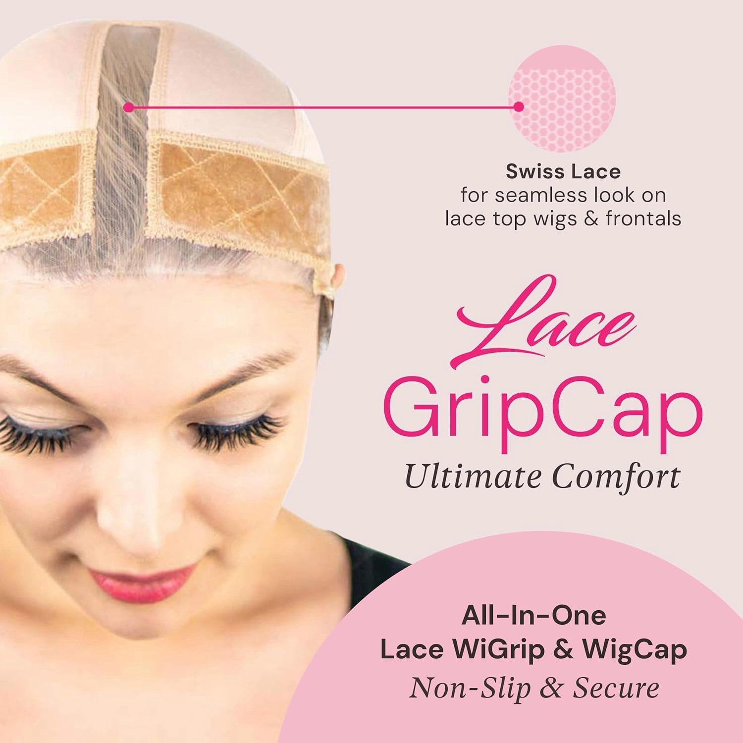 MILANO COLLECTION Lace Wig Grip Cap for Women, Adjustable Wig Caps for Women Non Slip with Headband to Secure Lace Top Perfectly in Place, One Size Fits All, Nude