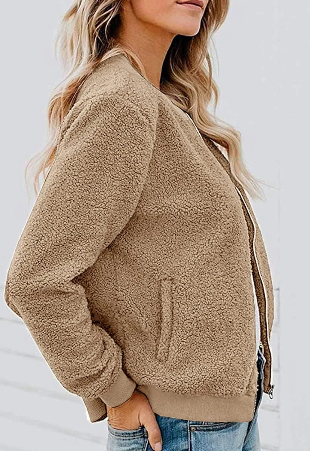 MIROL Women's Sherpa Fleece Jacket Faux Fuzzy Long Sleeve Casual Zip Up Bomber Coat