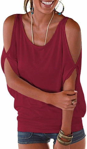 Miselon Women Cold Shoulder O-Neck Short Sleeve Loose Fit Summer Shirt Blouse Tops