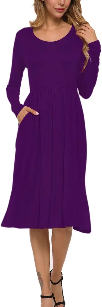 MISFAY Women's Long Sleeve Midi Dress Loose Casual Empire Waist Dresses with Pockets