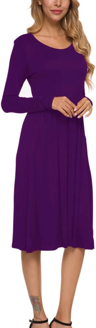 MISFAY Women's Long Sleeve Midi Dress Loose Casual Empire Waist Dresses with Pockets