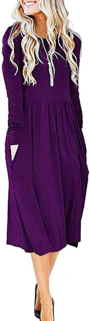 MISFAY Women's Long Sleeve Midi Dress Loose Casual Empire Waist Dresses with Pockets