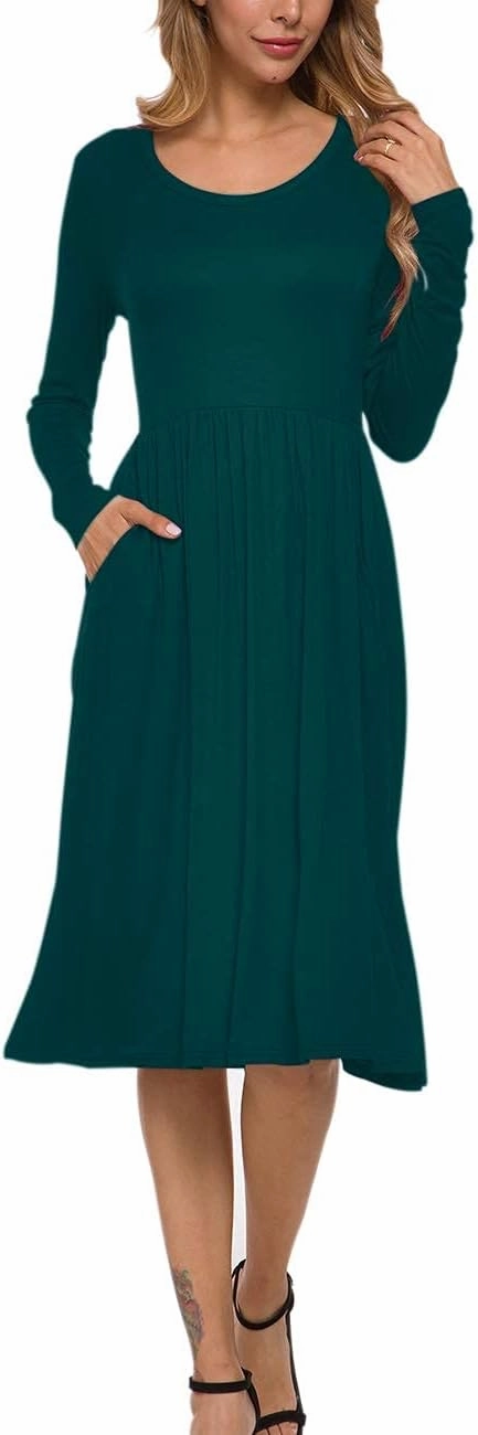 MISFAY Women's Long Sleeve Midi Dress Loose Casual Empire Waist Dresses with Pockets