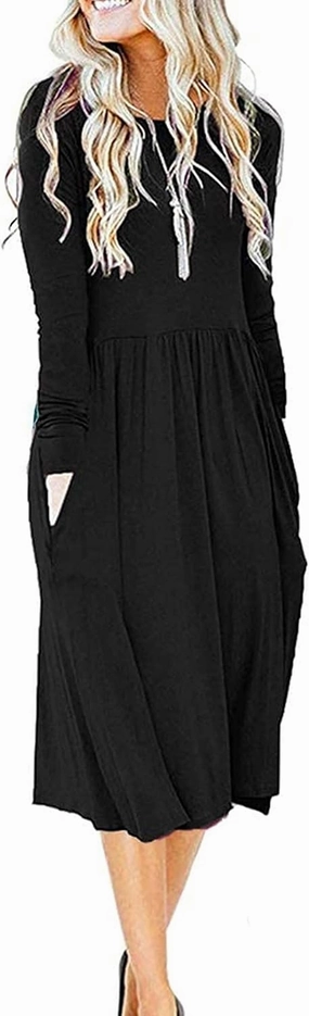 MISFAY Women's Long Sleeve Midi Dress Loose Casual Empire Waist Dresses with Pockets