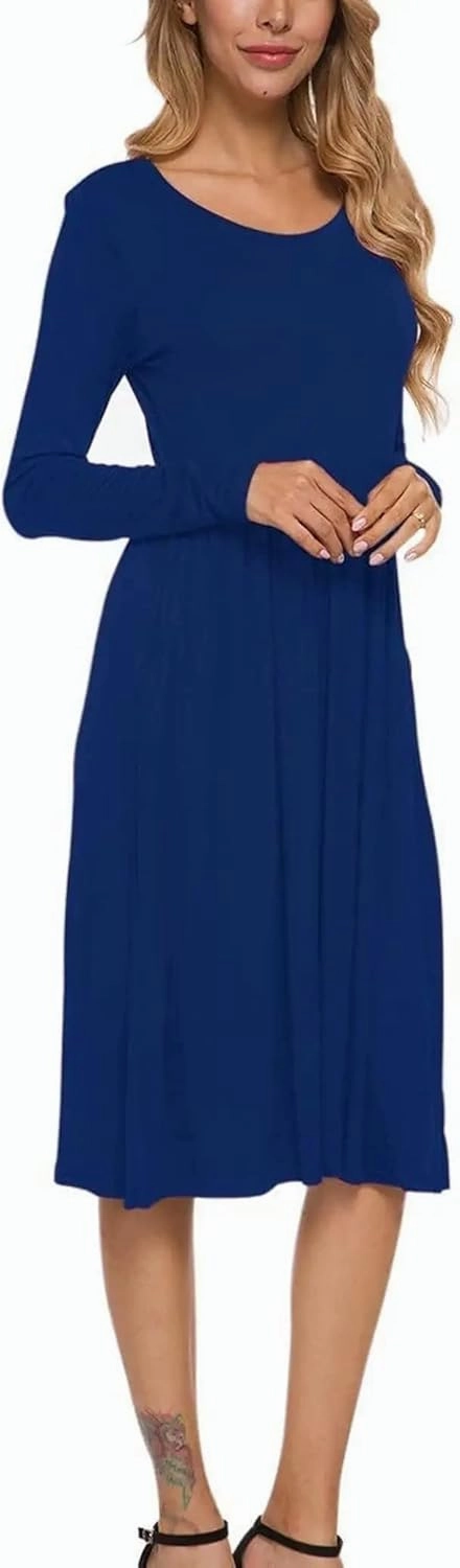MISFAY Women's Long Sleeve Midi Dress Loose Casual Empire Waist Dresses with Pockets
