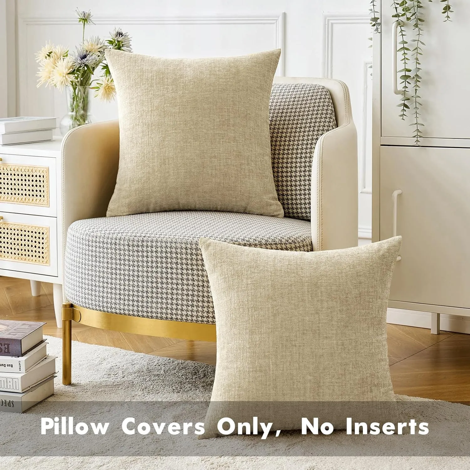 MIULEE Pack of 2 Beige Throw Pillow Covers 18x18 Inch Soft Chenille Pillow Covers for Sofa Living Room Couch Solid Dyed Cases Not Pillow Inserts