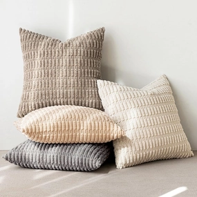 MIULEE Pack of 4 Neutral Corduroy Decorative Throw Pillow Covers 18x18 Inch for Sofa Living Room Couch Bed Rustic Farmhouse Boho Soft Striped Pillow Covers Home Decor Beige and Brown