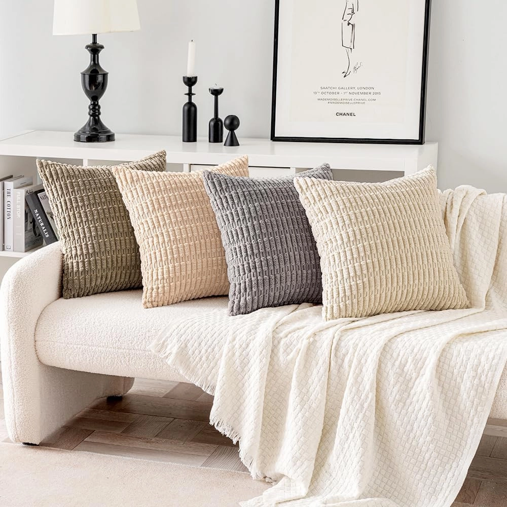 MIULEE Pack of 4 Neutral Corduroy Decorative Throw Pillow Covers 18x18 Inch for Sofa Living Room Couch Bed Rustic Farmhouse Boho Soft Striped Pillow Covers Home Decor Beige and Brown