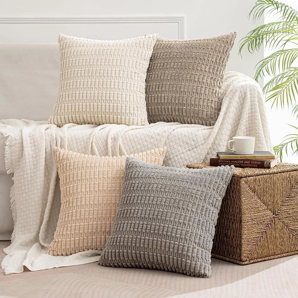 MIULEE Pack of 4 Neutral Corduroy Decorative Throw Pillow Covers 18x18 Inch for Sofa Living Room Couch Bed Rustic Farmhouse Boho Soft Striped Pillow Covers Home Decor Beige and Brown