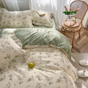 mixinni Cottagecore Floral Comforter Set Twin XL Size - 3 Piece Soft Reversible Ruffled Lace Botanical Duvet Cover with Pillow Shams, Light Beige & Green Leaf Print, Spring Bedding for Girls