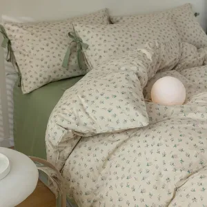 mixinni Country Style Duvet Cover Twin XL Size - Cottagecore Green Floral Vintage Bedding 3PC with Bow Ties Pillowcases, 100% Cotton Soft Aesthetic Boho Comforter Cover for Girls-Twin XL Size
