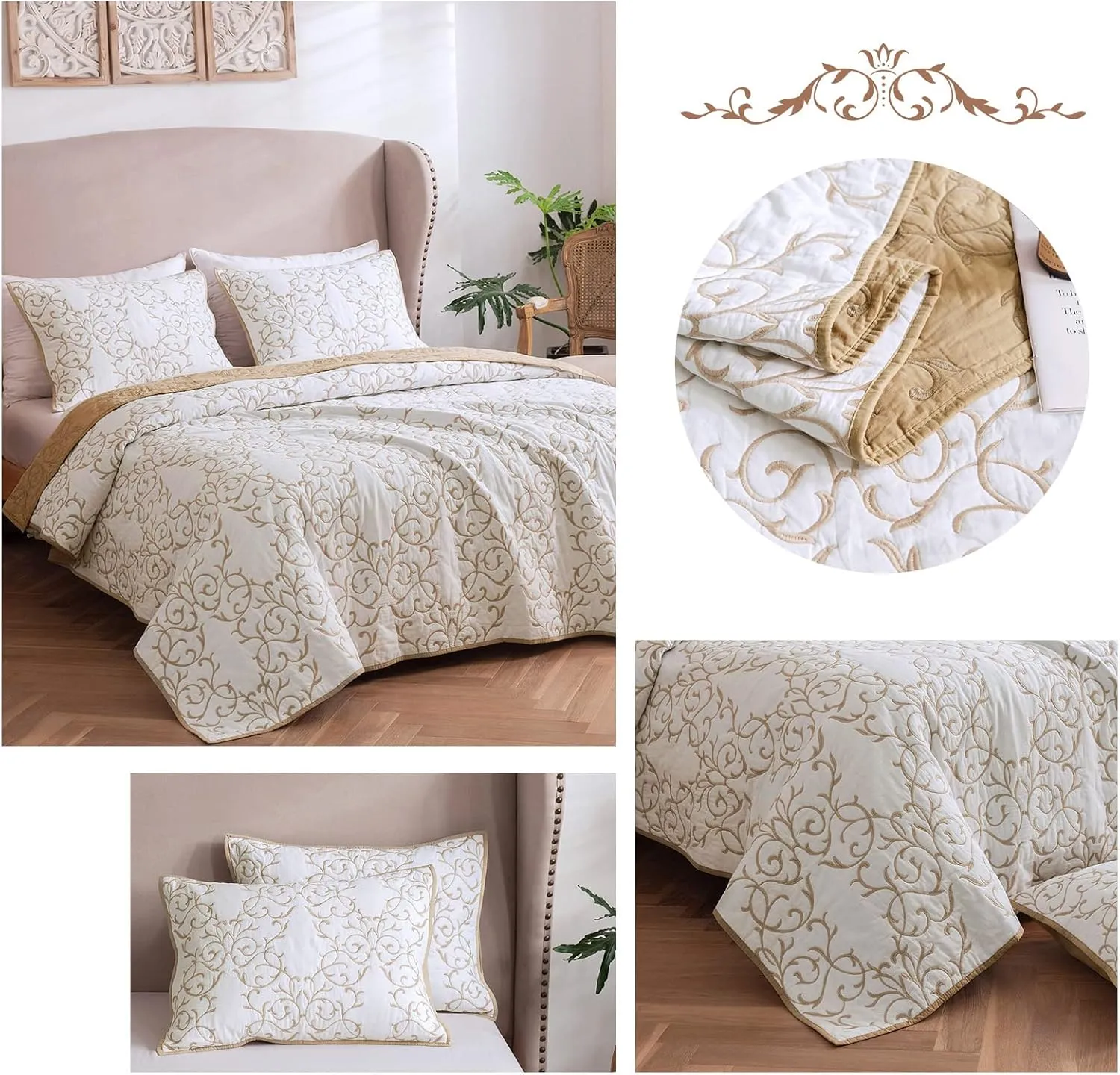 mixinni Reversible Soft Quilts 3-Piece Beige Embroidery Pattern Elegant Set with Embroidered Decorative Shams Soft Bedspread&Coverlet Set (Queen Size, Beige)