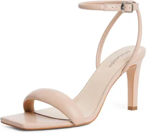 Modatope Womens Heels Square Open Toe Strappy High Heels Ankle Strap Heeled Sandals for Women Party Wedding Daily Wear